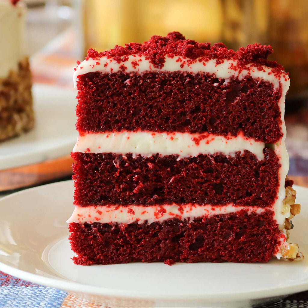 Three layers of River Street Red Velvet Layer Cake

